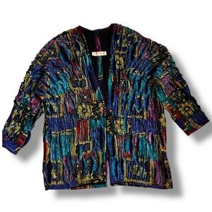 Patricia P Open Front Jacket Frayed/Cut Fabric Art to Wear Boho Pockets L/XL
